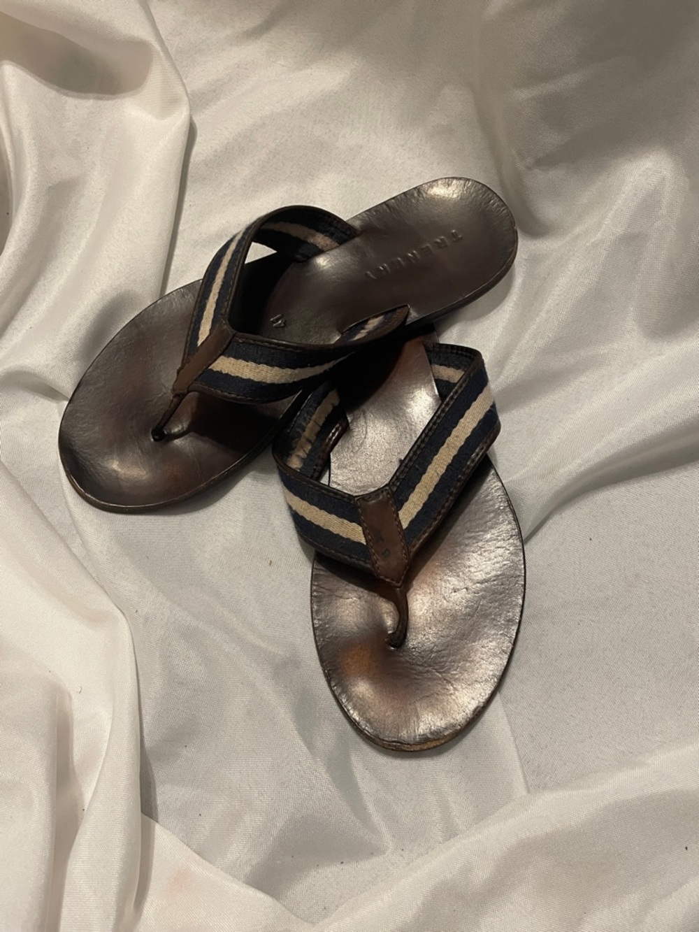 Trenery Navy & Cream Striped Leather Flip Flops